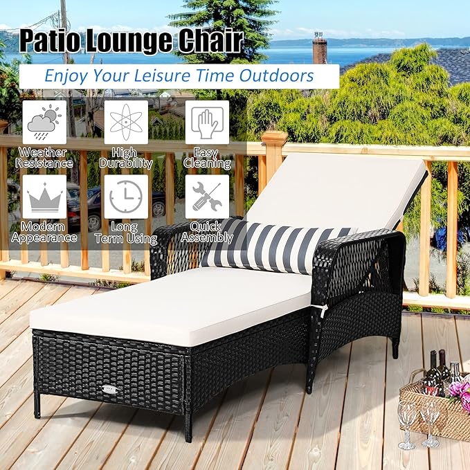 COSTWAY PE Rattan Chaise Lounge Chair Armrest Recliner Adjustable Pillow Black - Photo 6