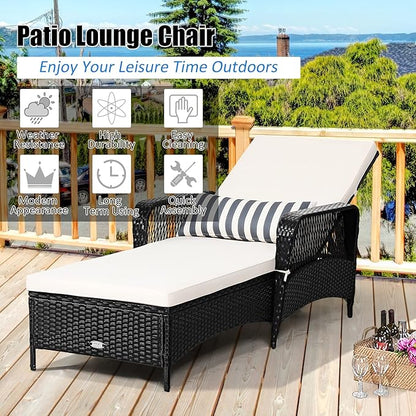 COSTWAY PE Rattan Chaise Lounge Chair Armrest Recliner Adjustable Pillow Black