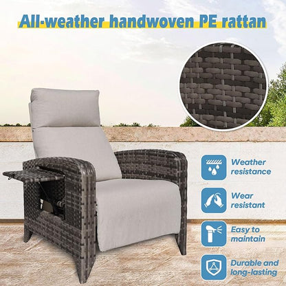 Upgraded Outdoor Recliner Chair, Reclining Patio Chairs with Adjustable Back up to 150°Lay Flat and Extended Footrest, Wicker Recliner Chairs with Flip Table and Removable Olefin Cushion