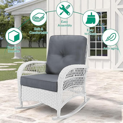 VIVIJASON 2 Piece Patio Wicker Rattan Rocker Chair, Outdoor Rattan Rocker Chair with Cushions & Steel Frame, All-Weather Rocking Lawn Wicker Furniture for Garden Backyard Porch (White Wicker/Grey)
