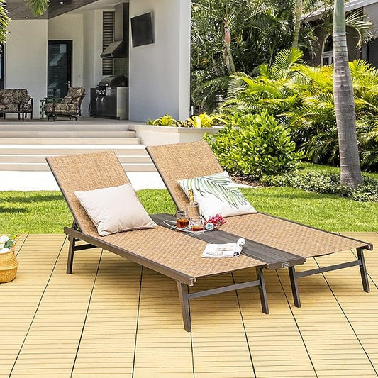 COSTWAY Patio 2-Person Chaise Lounge Chair 6-Position Back Adjust Middle Panel