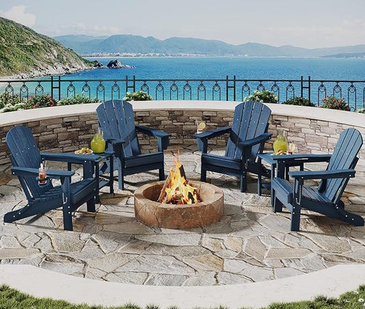 Garvee Folding Adirondack Chair Set of 4 with 2 Side Table, HDPE Outdoor Patio Chair with Cup Holder, All Weather Resistent Wooden Textured for patios, Decks, Gardens, fire Pit, Navy Blue