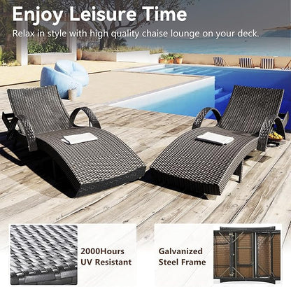 Yayzy Set of 4 Outdoor Rattan Chaise Lounge Chairs, 80” Adjustable Recliners with Armrests, Weather-Resistant PE Wicker Sun Loungers for Poolside, Patio, or Backyard – Dark Brown