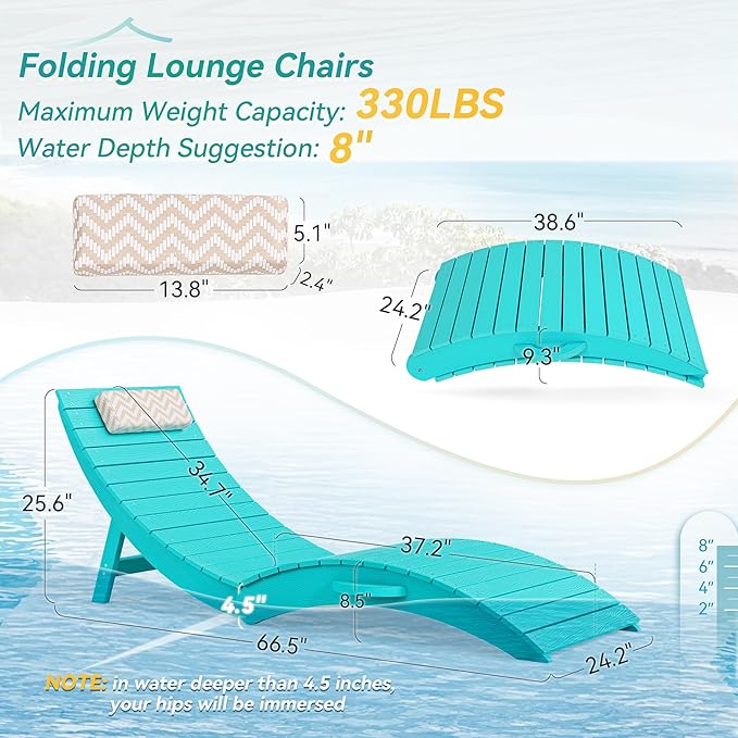 Folding Pool Lounge Chairs, Pre-Assembled HDPS Anti-Floating Lounge Chair with Headrest for in-Pool Use - Photo 2