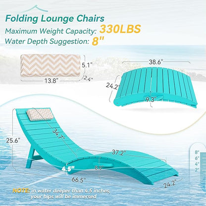 Folding Pool Lounge Chairs Set of 2, Pre-Assembled HDPS Anti-Floating Lounge Chair with Headrest for in-Pool Use(Max Depth 8-Inches), Ideal for Hotel, Poolside, Beach & Sun Decks, Aruba Blue