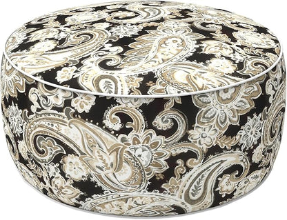 LVTXIII Indoor/Outdoor Inflatable Ottoman with Handle D21 x H9 Inch, Weather-Resistant Round Footstool Pouf for Patio Camping Living Room, Portable Footrest Extra Seating, Paisley Black