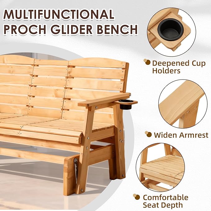 HOMREST Outdoor Glider Bench, Oversized Glider Bench with Foldable Seatback, Wooden Patio Glider Loveseat with High Back, Cupholders, Heavy Duty 800LBS Suitable for 3 Persons, Natural