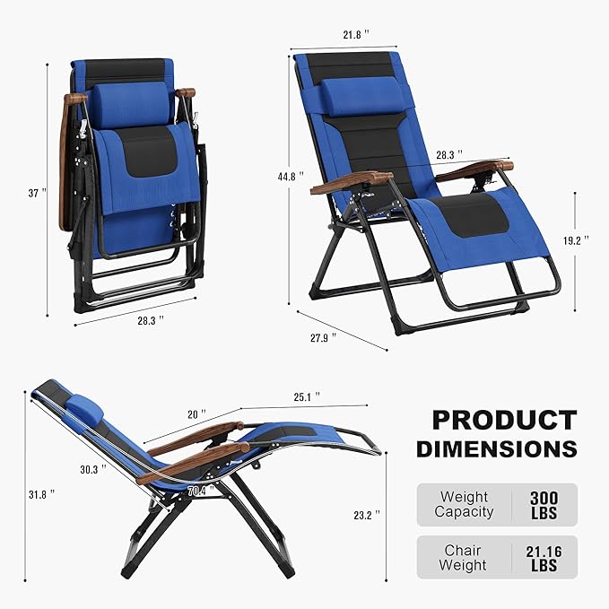 PURPLE LEAF Oversized Outdoor Reclining Chair Patio Zero Gravity Chaise Lounge Folding Chair with Quilted Cushion Adjustable Headrest for Lawn Camping Beach Pool Navy Blue and Black