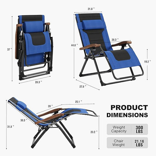 PURPLE LEAF Oversized Outdoor Reclining Chair Set of 2 Patio Zero Gravity Chaise Lounge Folding Chair with Quilted Cushion Adjustable Headrest for Lawn Camping Beach Pool Navy Blue and Black