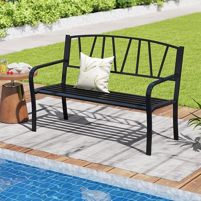 Tangkula Metal Patio Park Bench, Outdoor Garden Bench Loveseat for 2-3 People with Curved Armrests & Minimalist Backrest, Heavy-Duty Outdside Seating for Backyard, Poolside, Porch (Black)