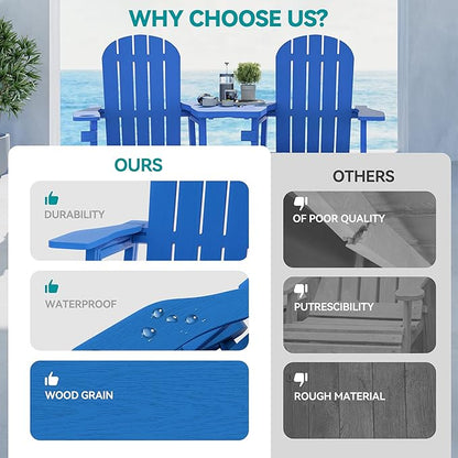 Vongrasig Adirondack Chairs Set of 2 with Removable Tabletop and Footrest, All-Weather HDPE Outdoor Chair Set with Wooden Textured, Cup Holder for Patio, Poolside, Deck, Garden, Light Blue