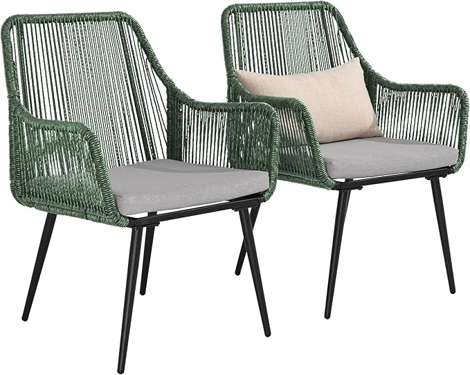 Patio Dining Chairs, Outdoor Dining Chairs with Armrest & Cushion Set of 2, All-Weather Woven Twisted Wicker Rattan Chair, Modern Indoor Outdoor Seating for Garden Lawn Backyard Green