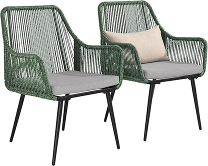 Patio Dining Chairs, Outdoor Dining Chairs with Armrest & Cushion Set of 2, All-Weather Woven Twisted Wicker Rattan Chair, Modern Indoor Outdoor Seating for Garden Lawn Backyard Green