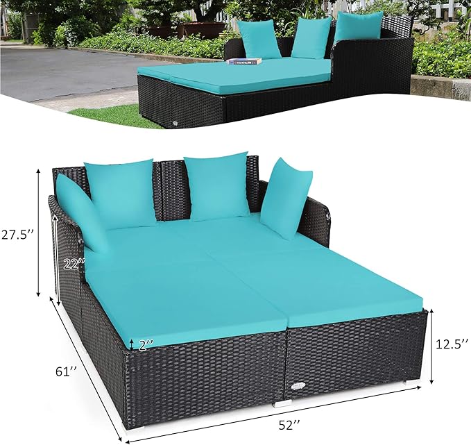 COSTWAY Outdoor Patio Rattan Daybed, Sponge Cushioned Loveseat Sofa with 4 Pillows, Wicker Furniture Sunbed for Balcony - Photo 3