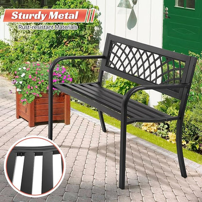 Garden Bench Patio Bench Outdoor Park Bench Metal Outside Porch Chair Seat Cast Iron Steel Frame Sturdy Bench Patio Furniture for Yard Porch Entryway Lawn Decor Deck, Black, 46 in