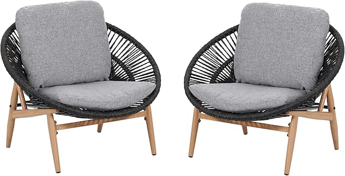 Merax Outdoor Wicker Papasan Chair Set of 2, Rattan Patio Papasan Egg Lounge Chair with Cozy Cushion, Low Seat Round Chair for Backyard Balcony Garden Poolside, All-Weather, Easy Assembly, Grey