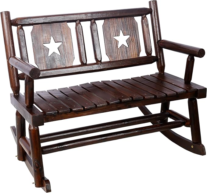 Outdoor Rocking Bench Double Rocking Chair for 2 Persons Heavy Duty Solid Wood Porch Rocker with Wide Curved Seat Rustic Brown Patio Furniture for Garden Backyard