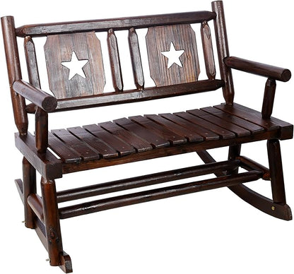 Outdoor Rocking Bench Double Rocking Chair for 2 Persons Heavy Duty Solid Wood Porch Rocker with Wide Curved Seat Rustic Brown Patio Furniture for Garden Backyard