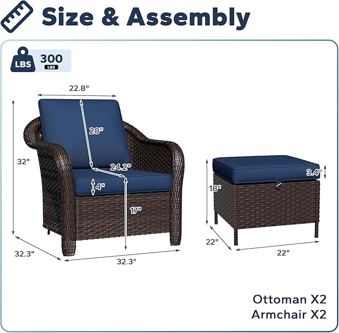 Outdoor Chairs Set with Ottomans, 4 PCS Patio Conversation Furniture Set with Removable Cushions - Photo 2
