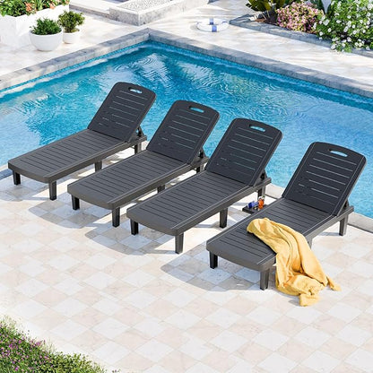 Outdoor Chaise Lounge Set of 4, 5-Position Adjustable Sun Lounge w/Pull-Out Tray, Waterproof PP Lounge Chairs for Outside, Lounge Chairs for Poolside, Patio, Beach, Yard in All Weather,Black