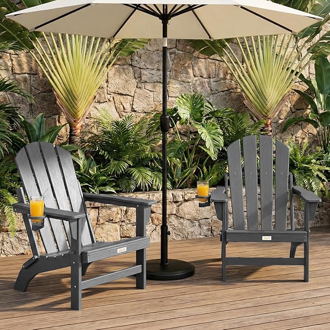 Folding Adirondack Chair, All Weather Stable Gun-Leg Design Fire Pit Chairs with Cupholder for Outside