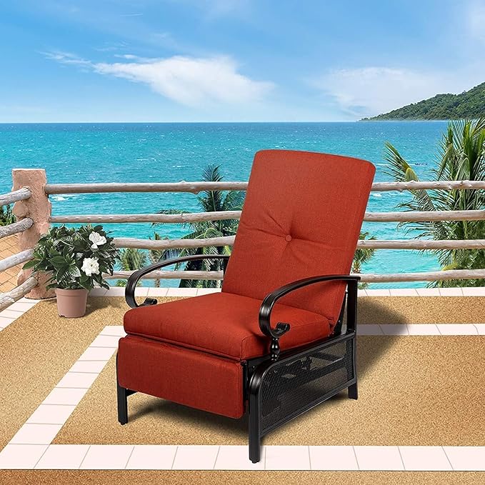 SUNCROWN Outdoor Recliner Chair Patio Adjustable Relaxing Chairs Outdoor Metal Furniture Chair with Thick Cushion, Red - Photo 7