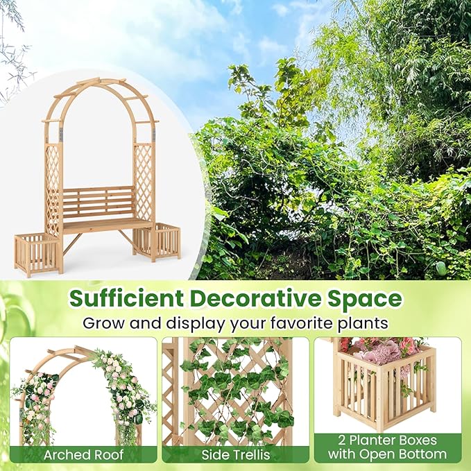 Giantex Outdoor Bench with Garden Arch & Planters, Wooden Pergola Archway, Outdoor Trellis for Climbing Plants - Photo 7