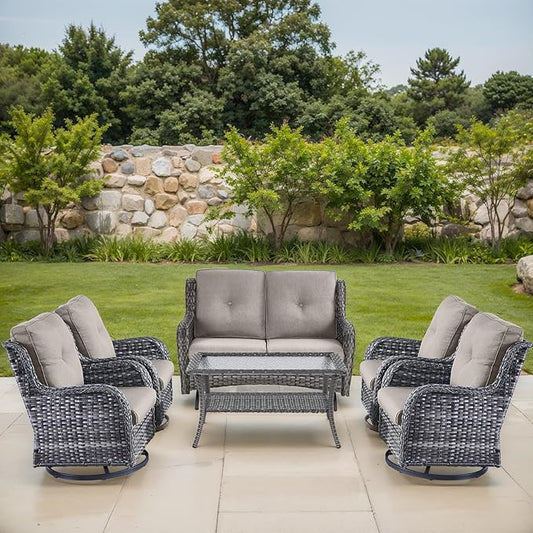 Patio Loveseat Glider Set, Resin Wicker Loveseat Glider with 4 Swivel Patio Chiars Coffee Table, 6 Piece Patio Conversation Set PE Rattan Loveseat Set, Grey Wicker|Grey Cushions