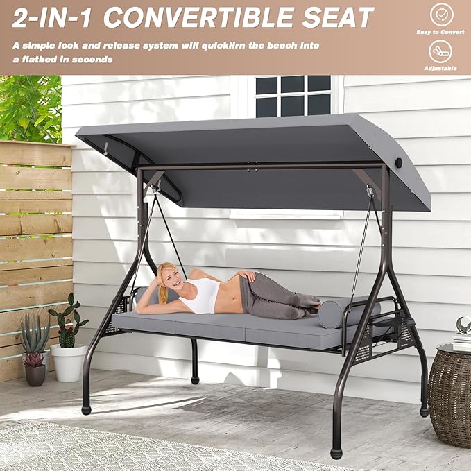 3 Seat Outdoor Porch Swing Chair, Adjustable Canopy Swing Bench, Convertible Backrest Swing Bed with Thicken Cushions - Photo 4