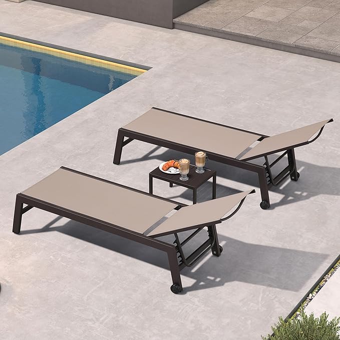 PURPLE LEAF Outdoor Chaise Lounge Chair Set of 2, Patio Pool Textilene Loungers with Adjustable Backrest and Wheels, Includes Side Table for Deck, Lawn, Garden, Taupe