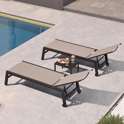 PURPLE LEAF Outdoor Chaise Lounge Chair Set of 2, Patio Pool Textilene Loungers with Adjustable Backrest and Wheels, Includes Side Table for Deck, Lawn, Garden, Taupe