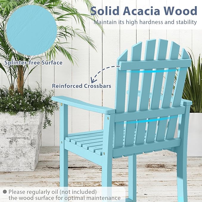 Tangkula Tall Adirondack Chair, Outdoor Acacia Wood Bar Stool with Back, Armrests and Footrest, Bar Height Patio Chair for Balcony, Porch, Deck and Backyard (2,Turquoise)