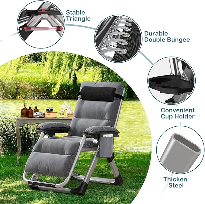 NAIZEA Padded Zero Gravity Chair, Folding Outdoor Lounge Chairs, Adjustable Reclining Camping Chairs with Cup Holder - Photo 6