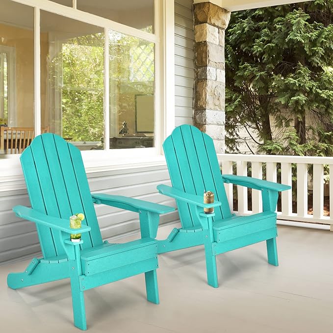 Tangkula Outdoor Folding Adirondack Chair, HDPE Armchairs with Cup Holder, Weather Resistant Lounger Chair for Patio Garden Fire Pit Backyard, Lawn Porch Seating, Adirondack Lounger (4, Turquoise)