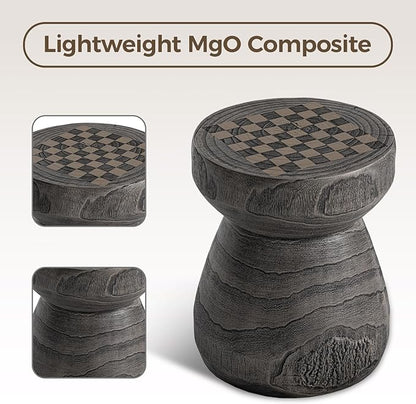 COSIEST Outdoor Side Table with Chessboard, 14'' Round Concrete Lightweight Faux Wooden Multi-Use End Table Garden Stool Log Style Plant Stand for Deck, Patio, Grey