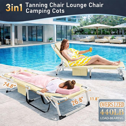 ABORON 4-in-1 Lounge Chair with Face & Arm Holes for Tanning, 440LB Heavy-Duty Folding Recliner with Plush Cotton Cushion, No Assembly Tri-Fold Guest Bed for Sunbathing, Poolside, Office Nap & Camping