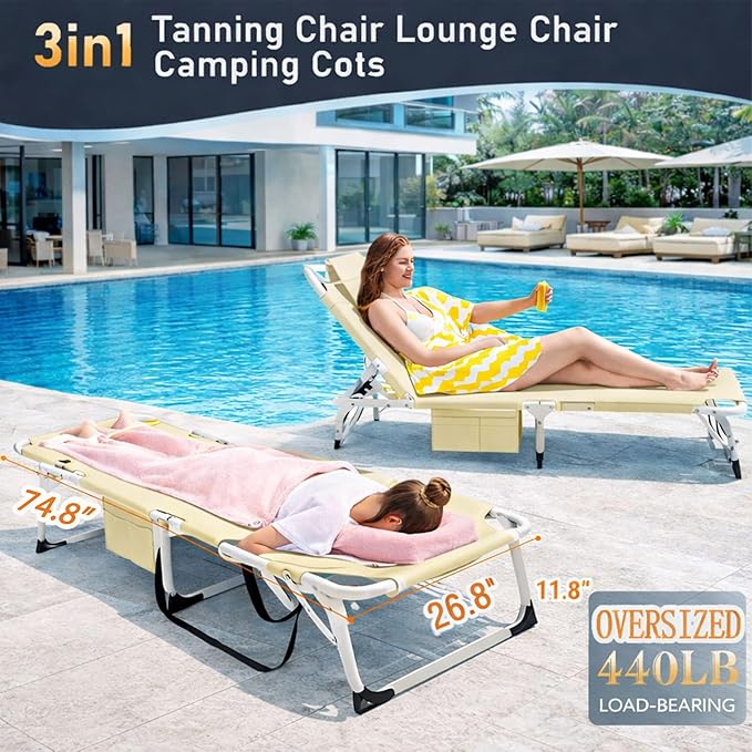 ABORON 4-in-1 Lounge Chair with Face & Arm Holes for Tanning, 440LB Heavy-Duty Folding Recliner with Plush Cotton Cushion, No Assembly Tri-Fold Guest Bed for Sunbathing, Poolside, Office Nap & Camping