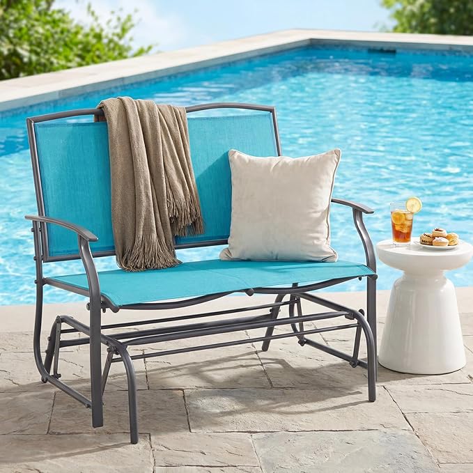 Giantex Outdoor Glider Bench, Patio Glider Bench for Outside, Steel Frame, 400 Lbs Capacity, Ergonomic Swing Rocking Chair Loveseat, 2-Person Porch Swing Rocker for Backyard, Lawn, Balcony, Turquoise