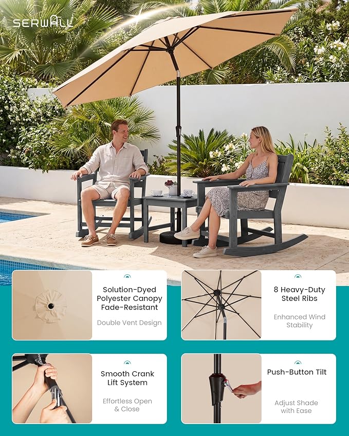 SERWALL Outdoor Rocking Chairs Set of 2 with 1 Side Table & 9ft Patio Umbrella - Photo 3