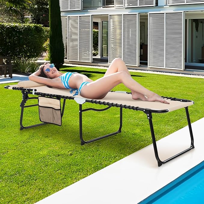 Giantex Patio Lounge Chairs for Outside - Folding Tanning Chair w/Headrest, 4 Adjustable Positions, Side Pocket, Outdoor Chaise Lounge for Camping, Pool, Sunbathing Beach Chair, Beige