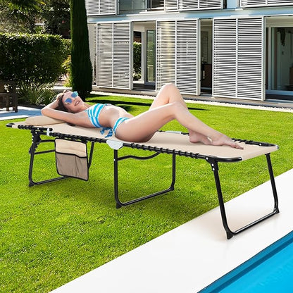 Giantex Patio Lounge Chairs for Outside - Folding Tanning Chair w/Headrest, 4 Adjustable Positions, Side Pocket, Outdoor Chaise Lounge for Camping, Pool, Sunbathing Beach Chair, Beige