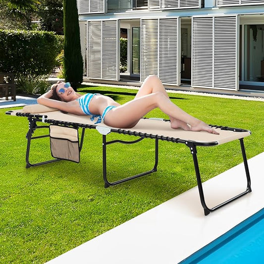 Giantex Patio Lounge Chairs for Outside - Folding Tanning Chair w/Headrest, 4 Adjustable Positions, Side Pocket, Outdoor Chaise Lounge for Camping, Pool, Sunbathing Beach Chair, Beige
