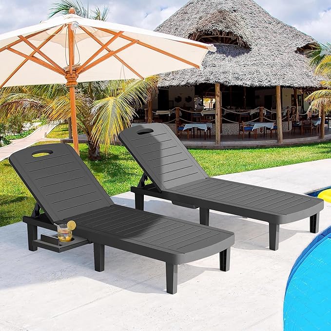 Outdoor Chaise Lounge Set of 2, Waterproof Resin Lounge Chairs for Outside w/Adjustable 5 Positions All Weather Use Recliner Chair for Patio, Poolside, Beach, Yard, Black