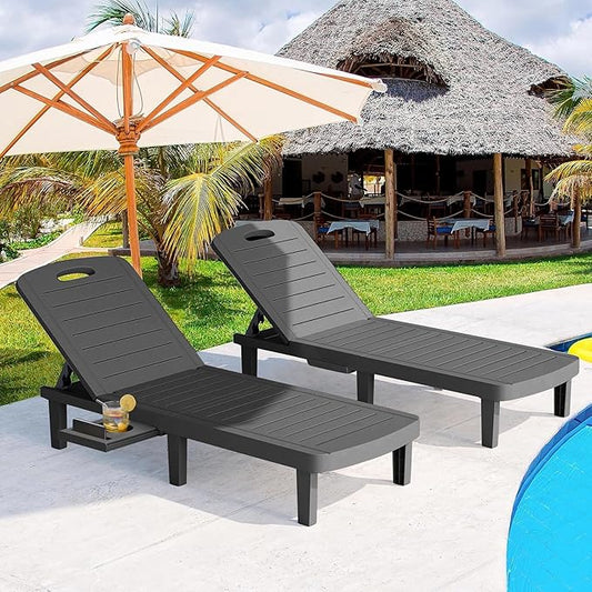 Outdoor Chaise Lounge Set of 2, Waterproof Resin Lounge Chairs for Outside w/Adjustable 5 Positions All Weather Use Recliner Chair for Patio, Poolside, Beach, Yard, Black