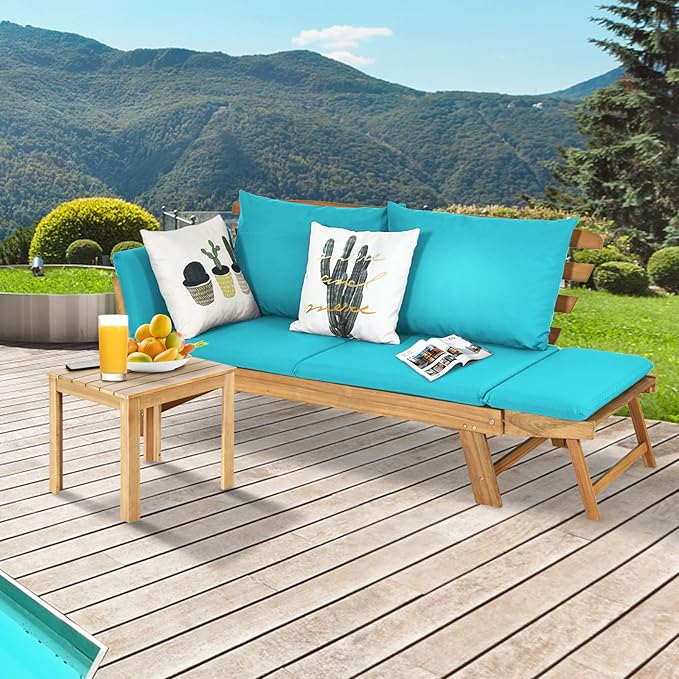 DORTALA Patio Convertible Couch Sofa Bed, Acacia Wood Daybed w/Adjustable Armrest, Collapsible Chaise Lounge w/Cushions & Pillows, Outdoor Loveseat for Poolside, Courtyard (Turquoise)