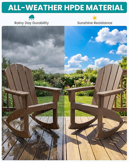 SERWALL Outdoor Adirondack Rocking Chair, All-Weather HDPE Adirondack Rocker Chair, Front Porch Rocker Chairs for Patio Lawn Porch Deck, Coffee