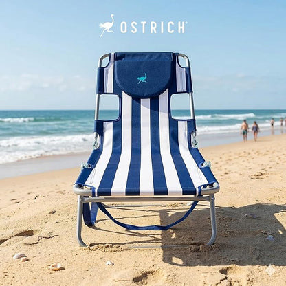 Ostrich Beach Lounge Chair, Folding & Reclining Outdoor Chaise Lounger, Blue/White Striped - Portable Adjustable Recliner Chair for Lawn, Pool, Patio, Garden, and Yard
