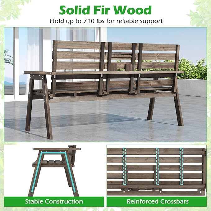 HAPPYGRILL Outdoor Fir Wood Bench with Foldable Middle Table, 2-3 Person Patio Garden Bench with Armrests and Backrests - Photo 4