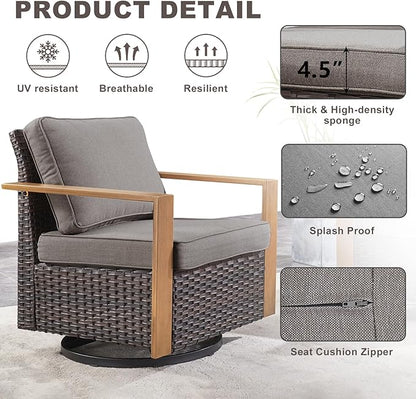 Rilyson Outdoor Wicker Patio Furniture Set - 5 Piece Patio Conversation Set with 2 Wicker Swivel Rocker Chairs,2 Rattan Ottoman and 1 Couch,Thick Cushions,Deep Seating,Wide Armrest(Brown/Grey)