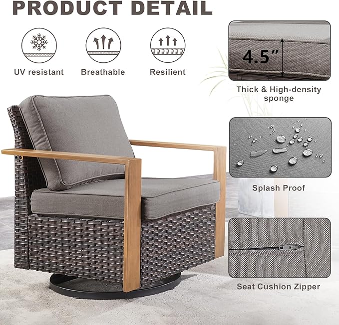 Rilyson Outdoor Wicker Patio Furniture Set - 6 Piece Patio Conversation Set with 2 Wicker Swivel Rocker Chairs,2 Rattan Ottoman,1 Side Table and 1 Couch,Thick Cushions,Deep Seating(Brown/Grey)